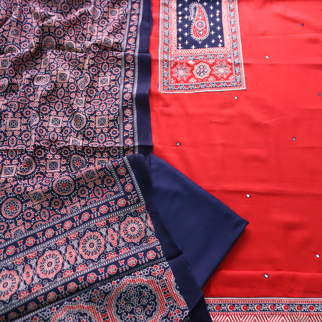 Patrani Cranberry Red Printed Yoke with Patra Work Glazed Cotton Suit Set