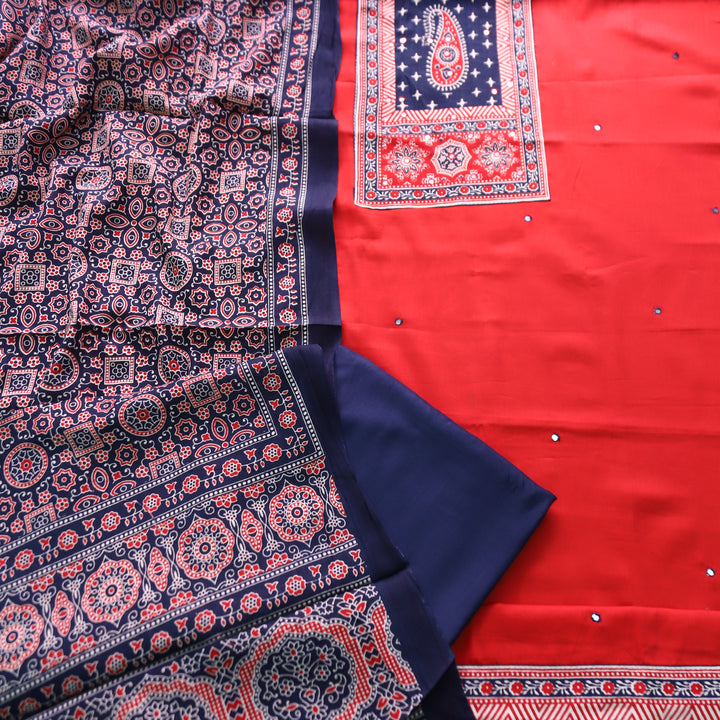Patrani Cranberry Red Printed Yoke with Patra Work Glazed Cotton Suit Set