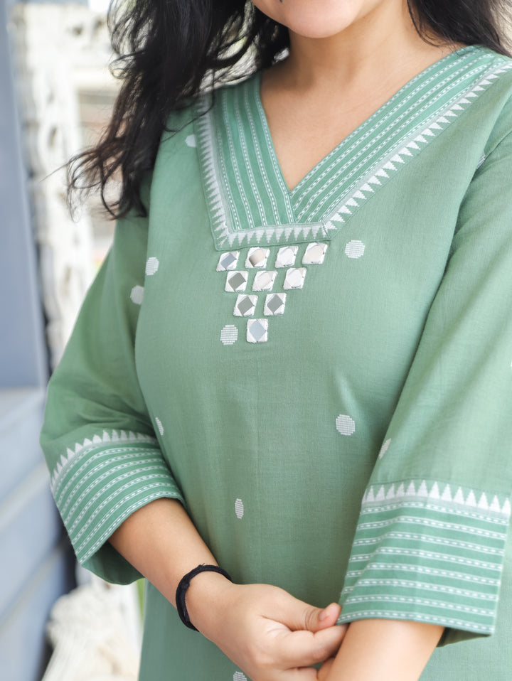Julia Sage Green Mirror Weaved South Cotton Kurti