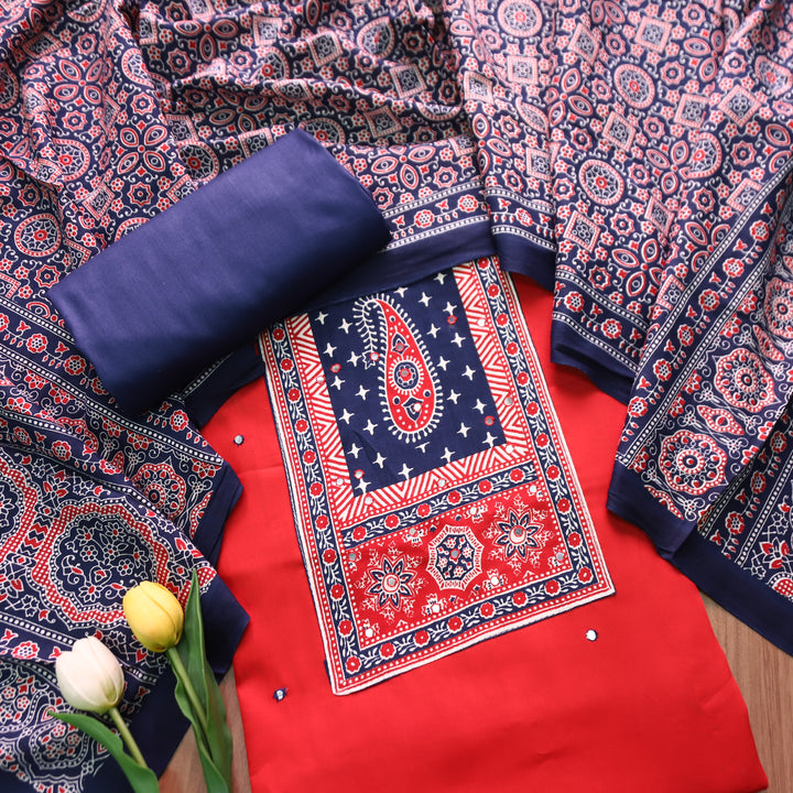 Patrani Cranberry Red Printed Yoke with Patra Work Glazed Cotton Suit Set