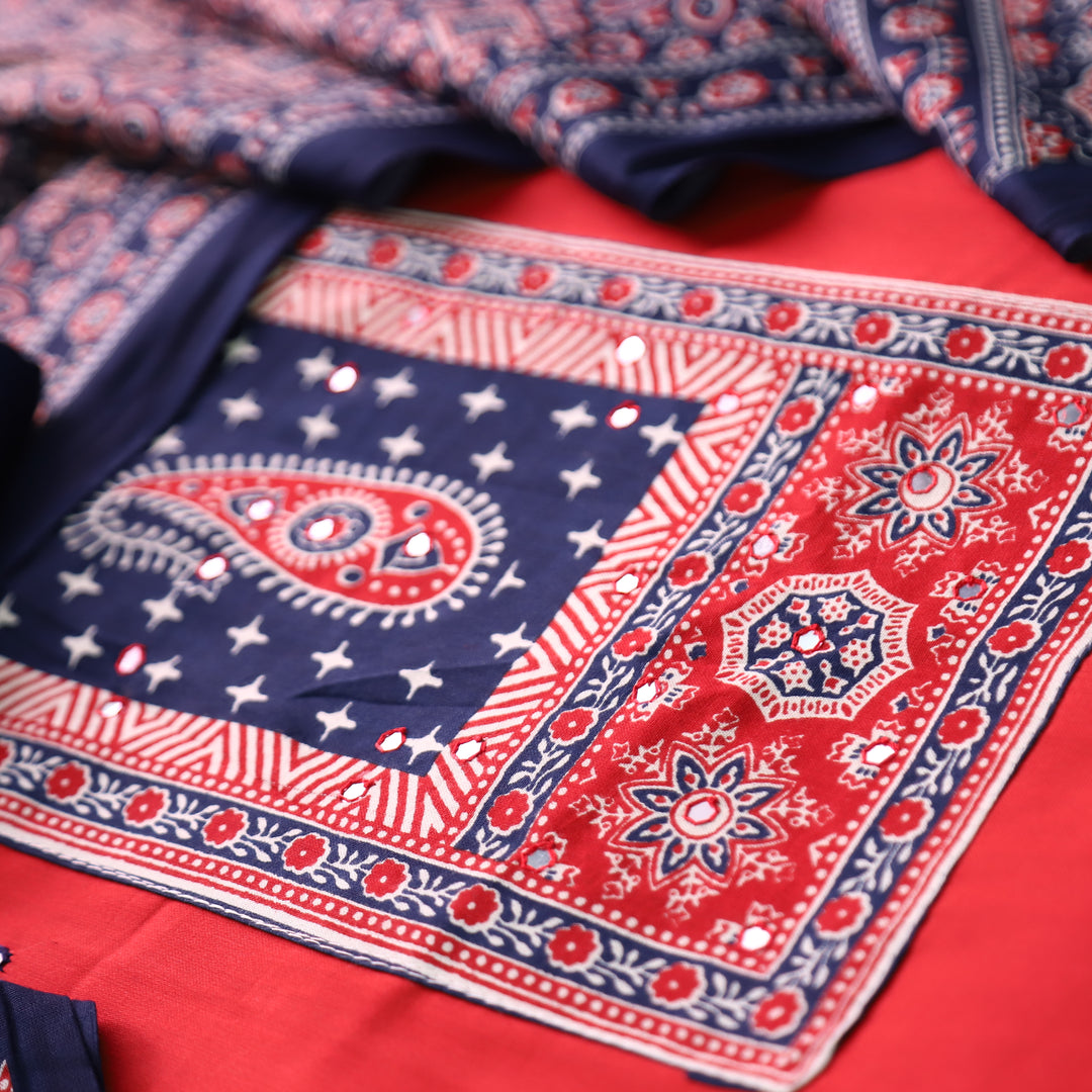 Patrani Cranberry Red Printed Yoke with Patra Work Glazed Cotton Suit Set