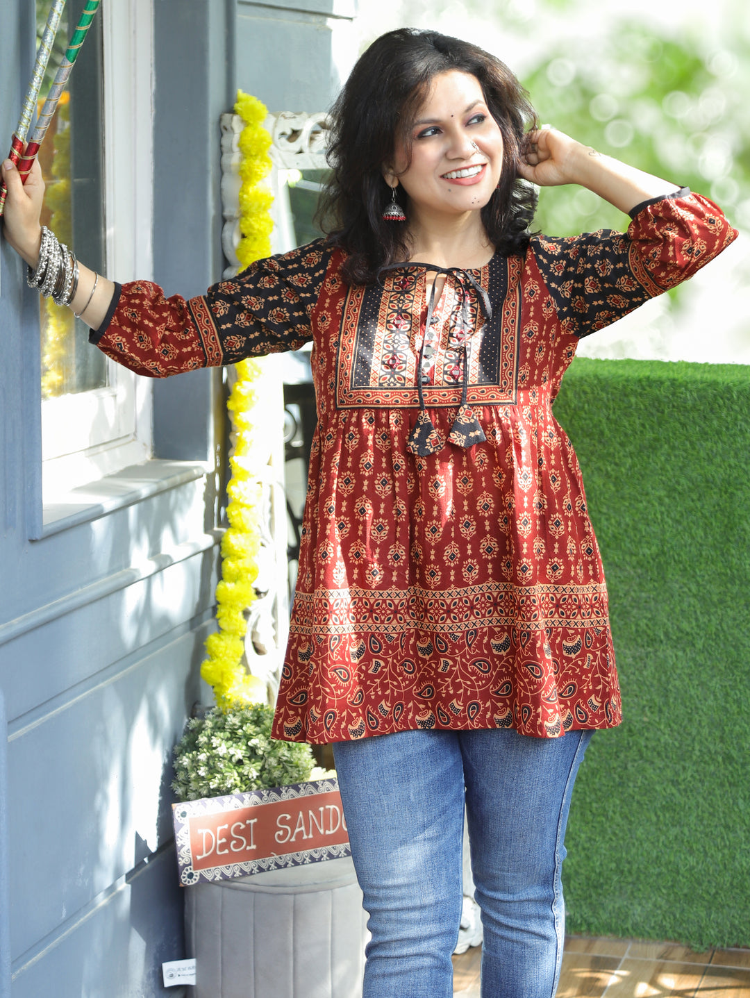 Damini Maroon Red Kutch Yoke Ajrak Print Peplum Short Cotton Kurti