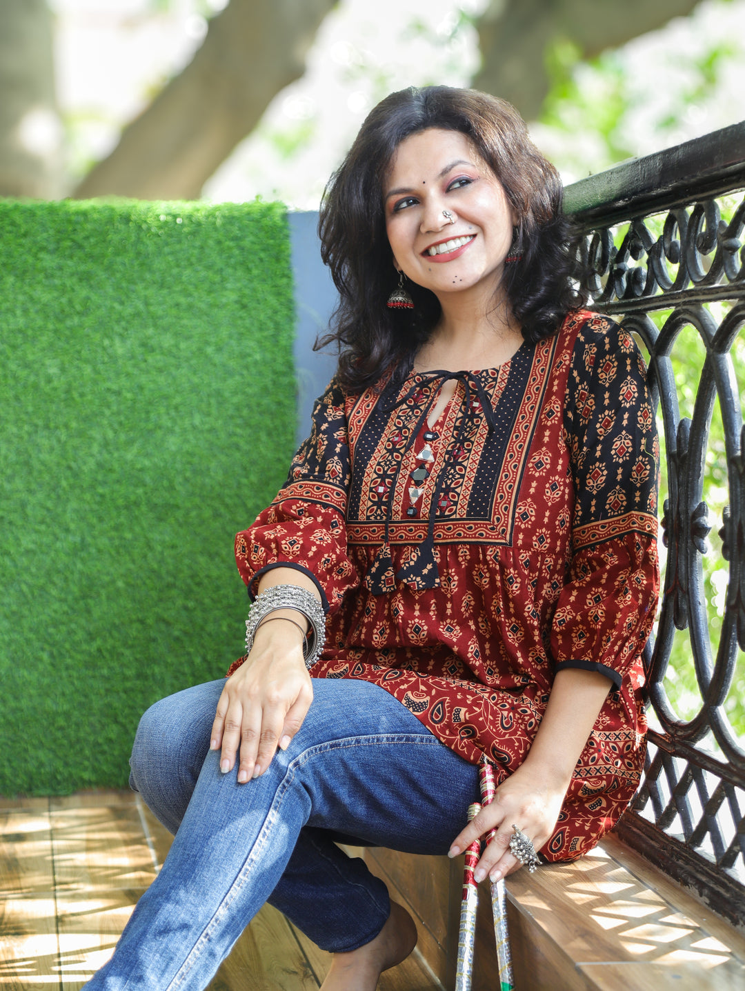 Damini Maroon Red Kutch Yoke Ajrak Print Peplum Short Cotton Kurti