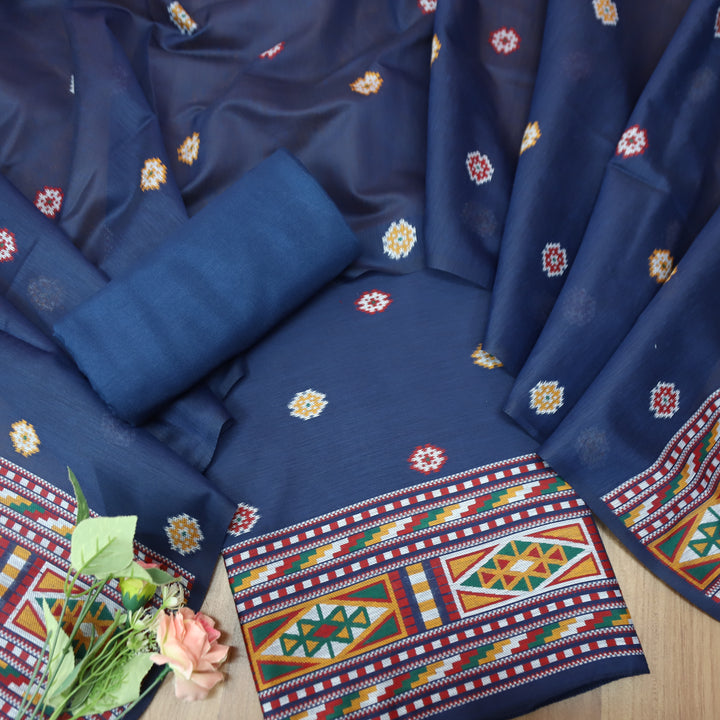 Monica Navy Blue Jamdani Kullu Weaved Inspired Chanderi Set