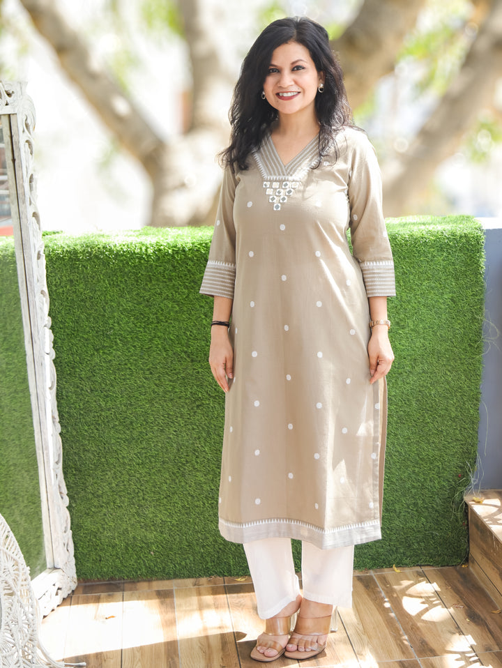 Julia Hazel Tan Mirror Weaved South Cotton Kurti