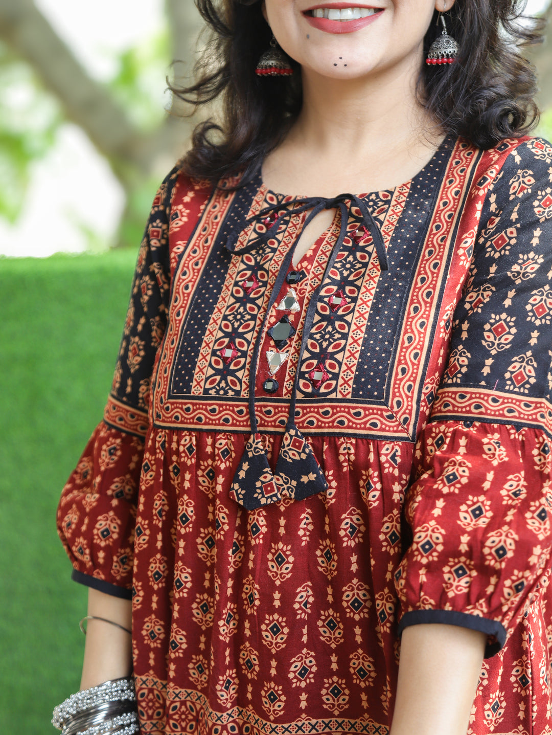 Damini Maroon Red Kutch Yoke Ajrak Print Peplum Short Cotton Kurti