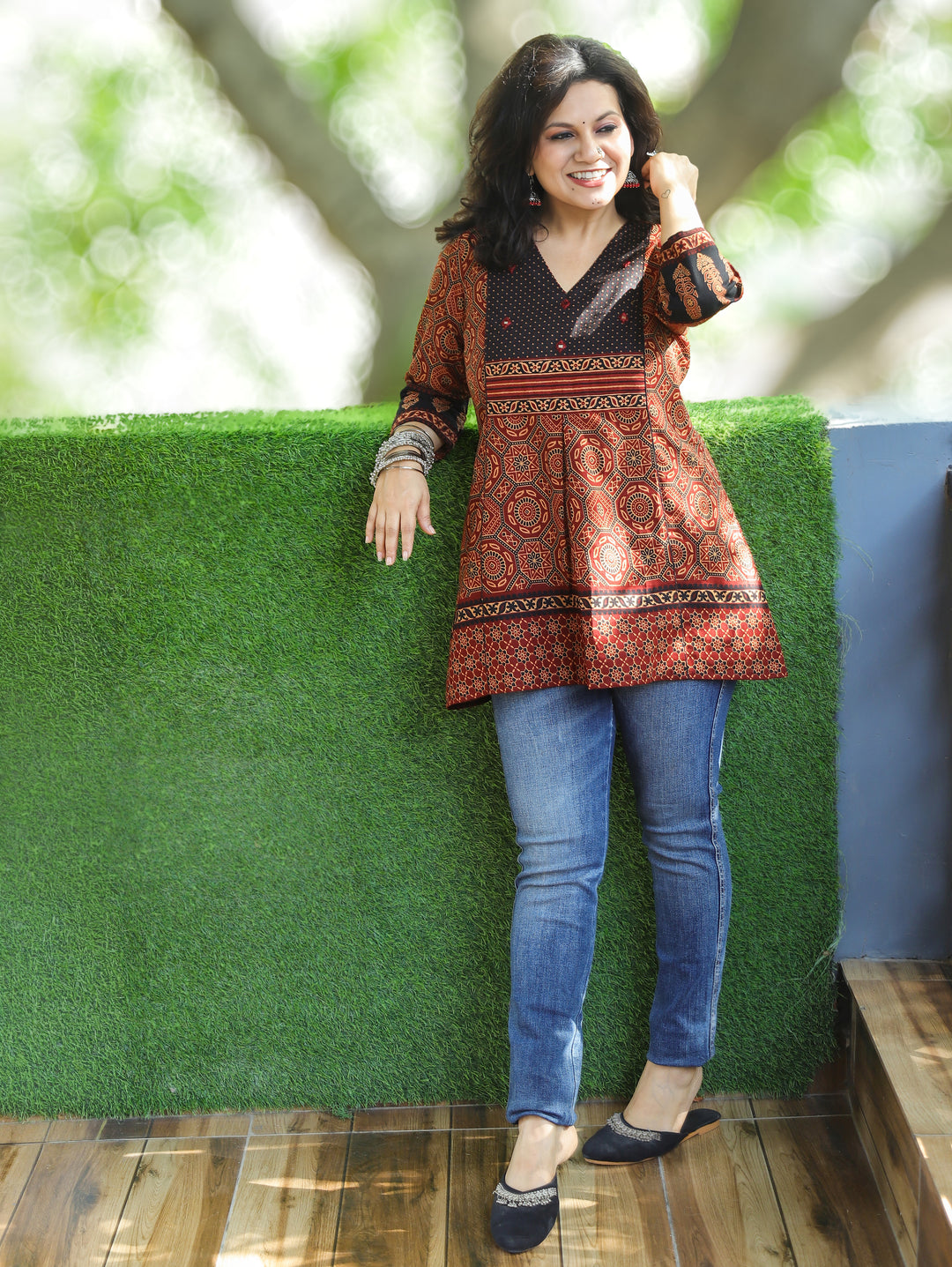 Madhvi Ebony Black Ajrak Printed Panel Style Short Kurti