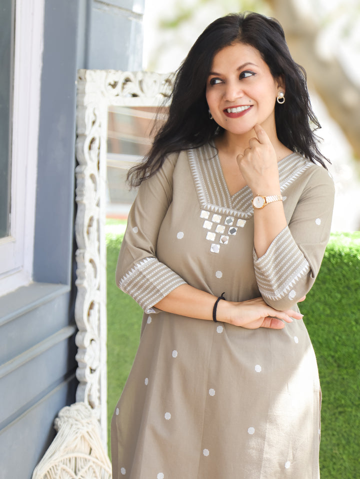 Julia Hazel Tan Mirror Weaved South Cotton Kurti