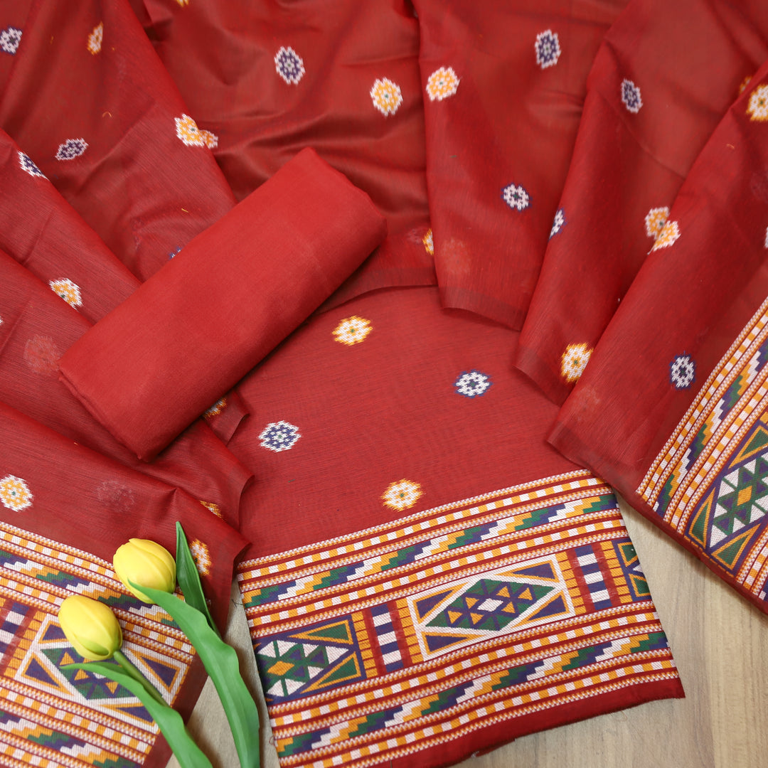 Monica Cherry Red Jamdani Kullu Weaved Inspired Chanderi Set