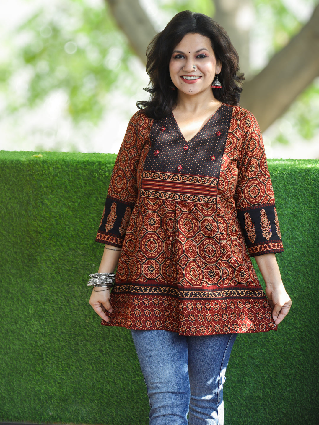 Madhvi Ebony Black Ajrak Printed Panel Style Short Kurti