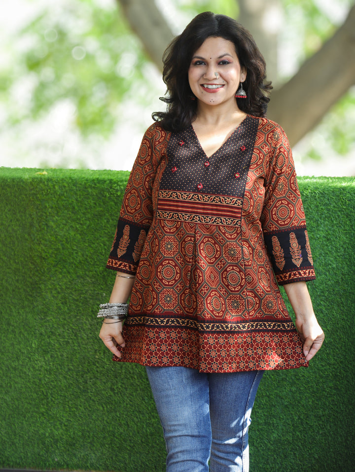 Madhvi Ebony Black Ajrak Printed Panel Style Short Kurti