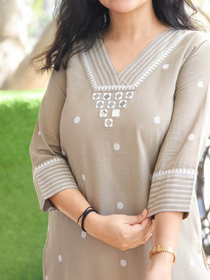 Julia Hazel Tan Mirror Weaved South Cotton Kurti