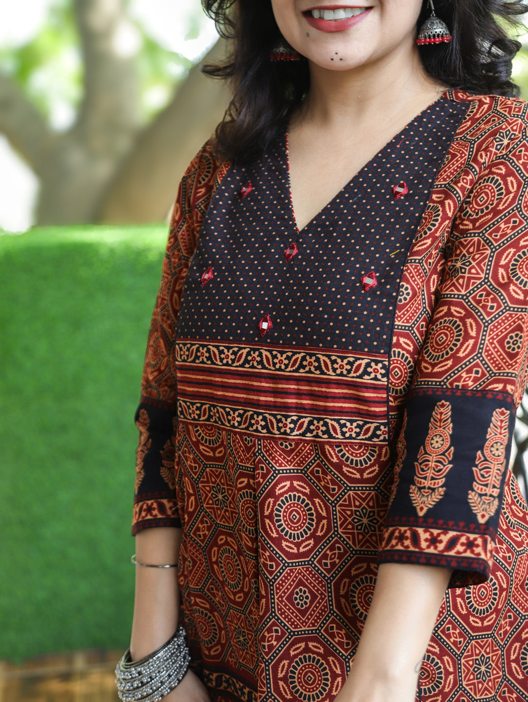 Madhvi Ebony Black Ajrak Printed Panel Style Short Kurti