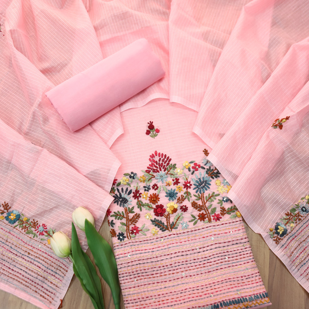Gulbahar Petal Pink Thread Embroidered Hem Work Kota Doriya Set