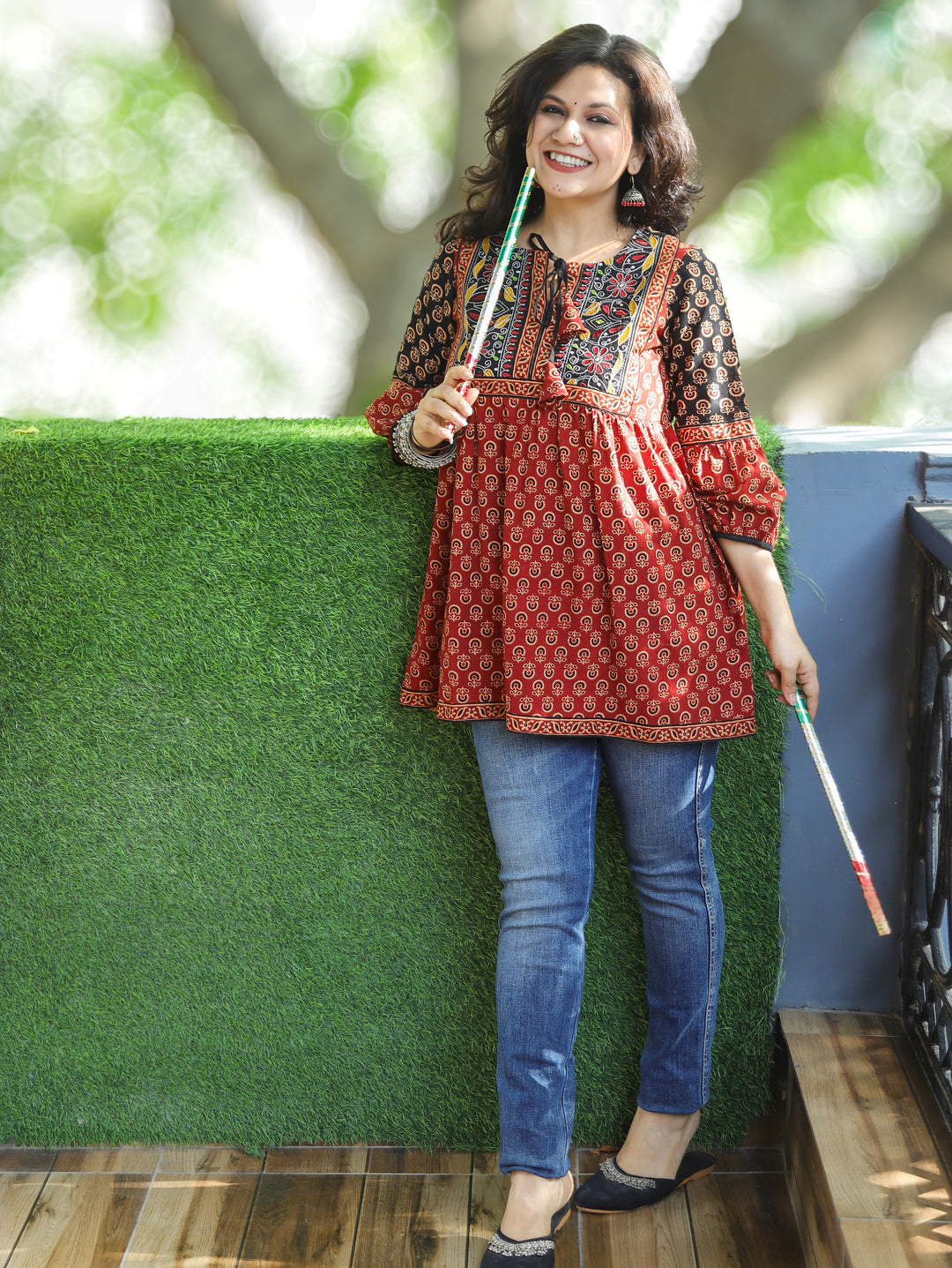 Meri Paro Red Kutch Patch Ajrak Print Peplum Short Cotton Kurti