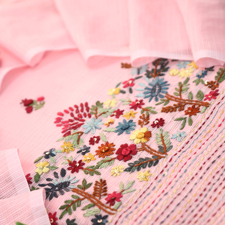 Gulbahar Petal Pink Thread Embroidered Hem Work Kota Doriya Set