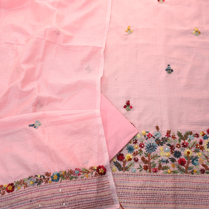 Gulbahar Petal Pink Thread Embroidered Hem Work Kota Doriya Set