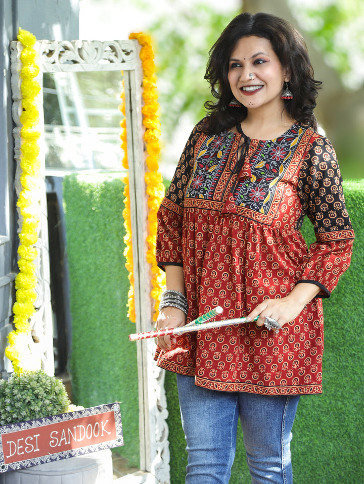 Meri Paro Red Kutch Patch Ajrak Print Peplum Short Cotton Kurti