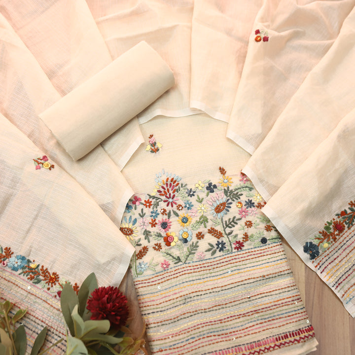 Gulbahar Buttermilk Beige Thread Embroidered Hem Work Kota Doriya Set