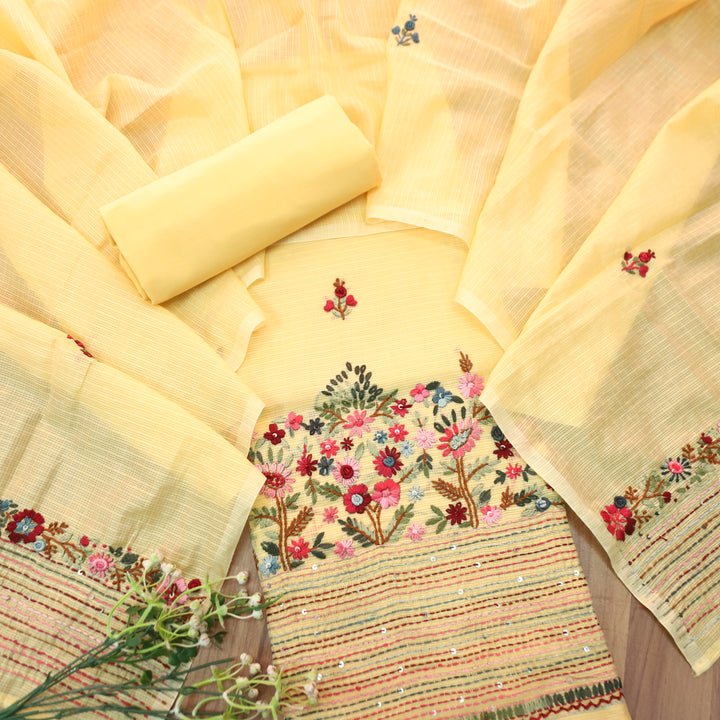 Gulbahar Butter Yellow Thread Embroidered Hem Work Kota Doriya Set