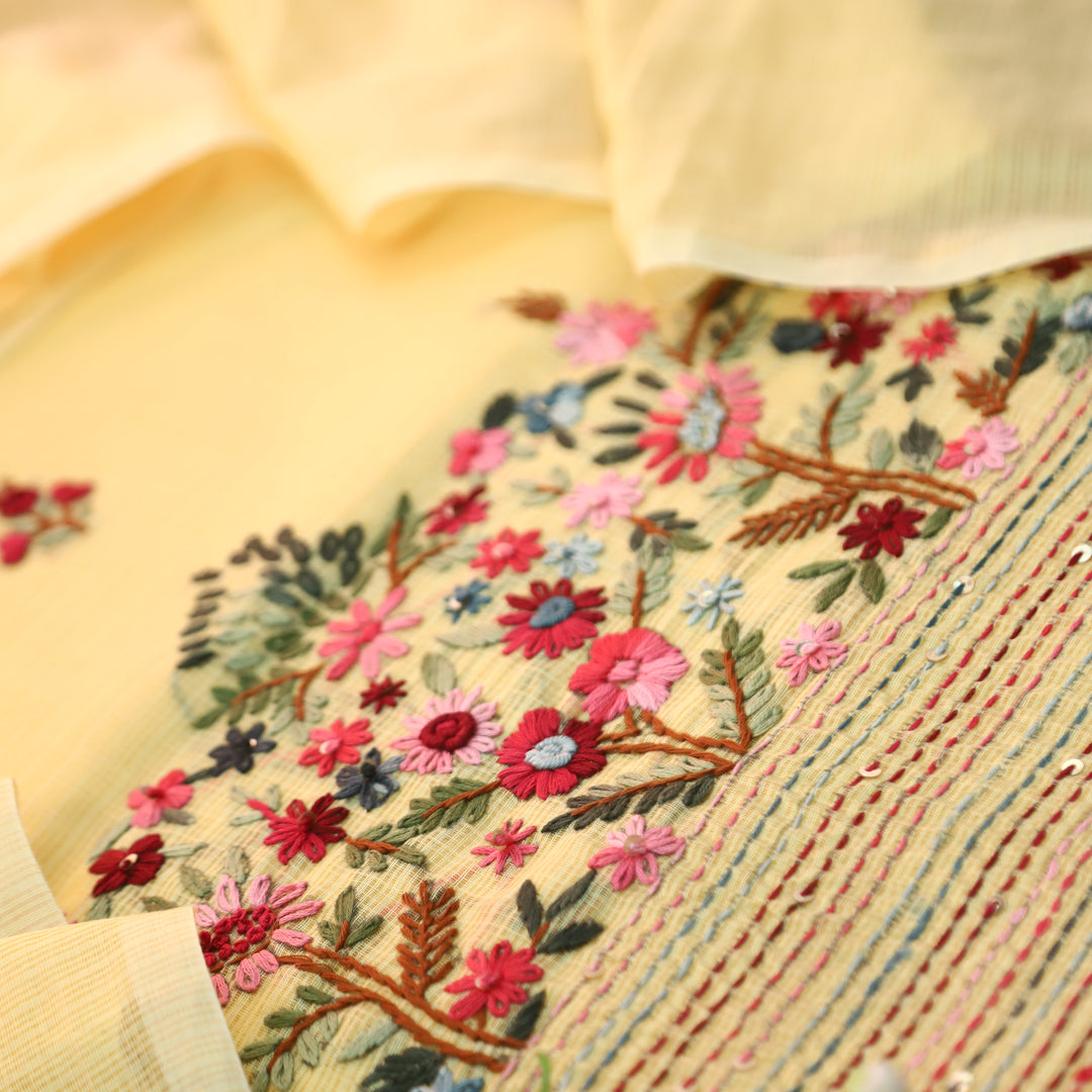 Gulbahar Butter Yellow Thread Embroidered Hem Work Kota Doriya Set