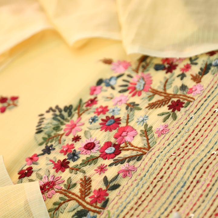 Gulbahar Butter Yellow Thread Embroidered Hem Work Kota Doriya Set