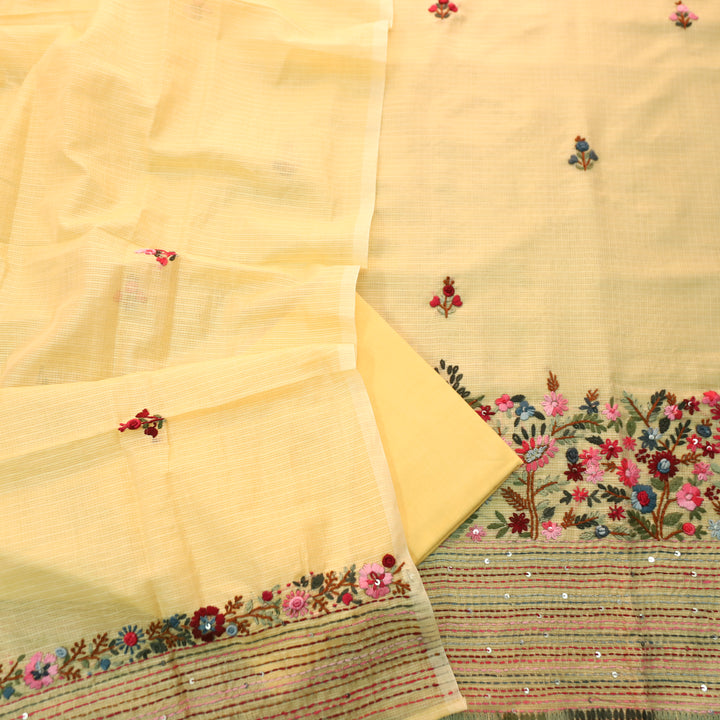 Gulbahar Butter Yellow Thread Embroidered Hem Work Kota Doriya Set