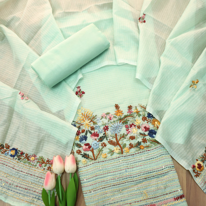 Gulbahar Ocean Aqua Thread Embroidered Hem Work Kota Doriya Set