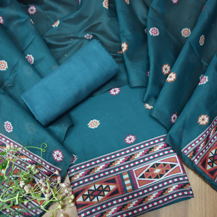 Monica Cerulean Teal Jamdani Kullu Weaved Inspired Chanderi Set