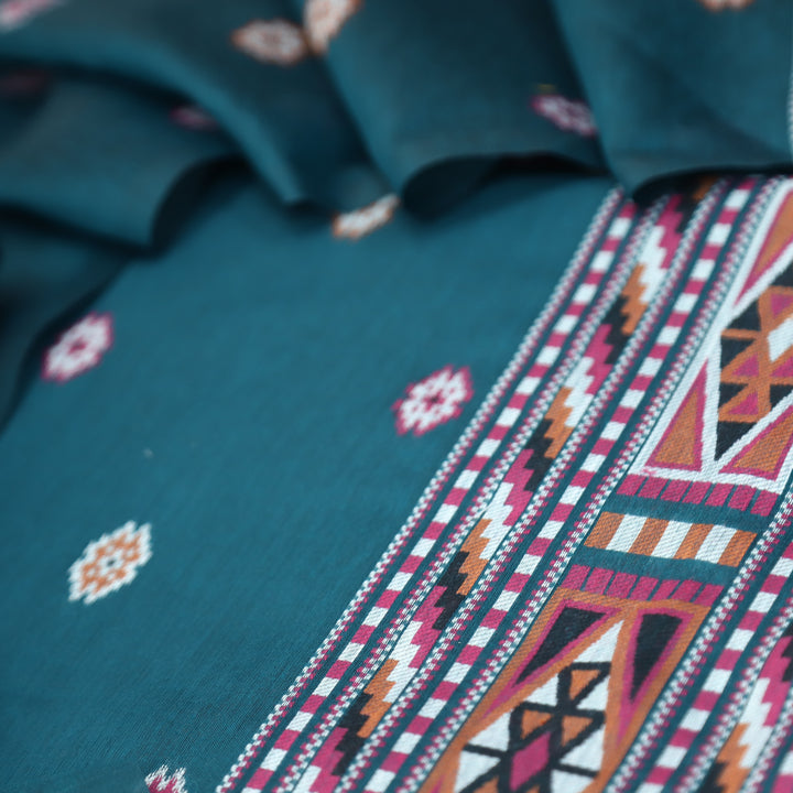 Monica Cerulean Teal Jamdani Kullu Weaved Inspired Chanderi Set