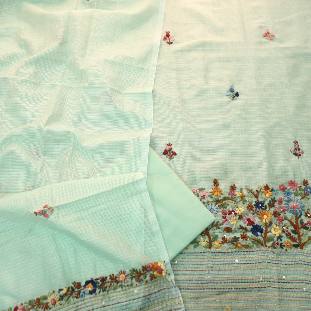 Gulbahar Ocean Aqua Thread Embroidered Hem Work Kota Doriya Set
