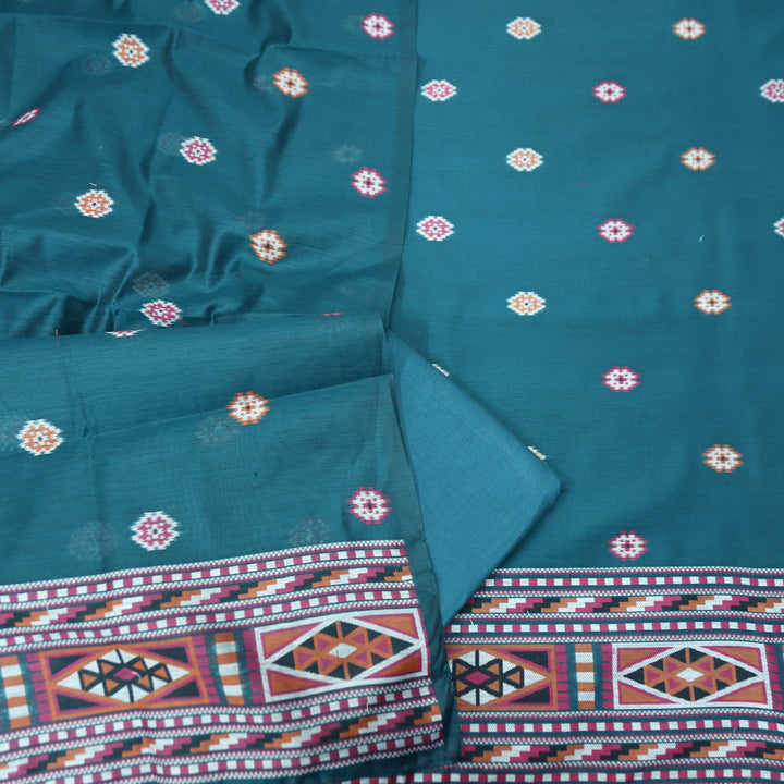 Monica Cerulean Teal Jamdani Kullu Weaved Inspired Chanderi Set
