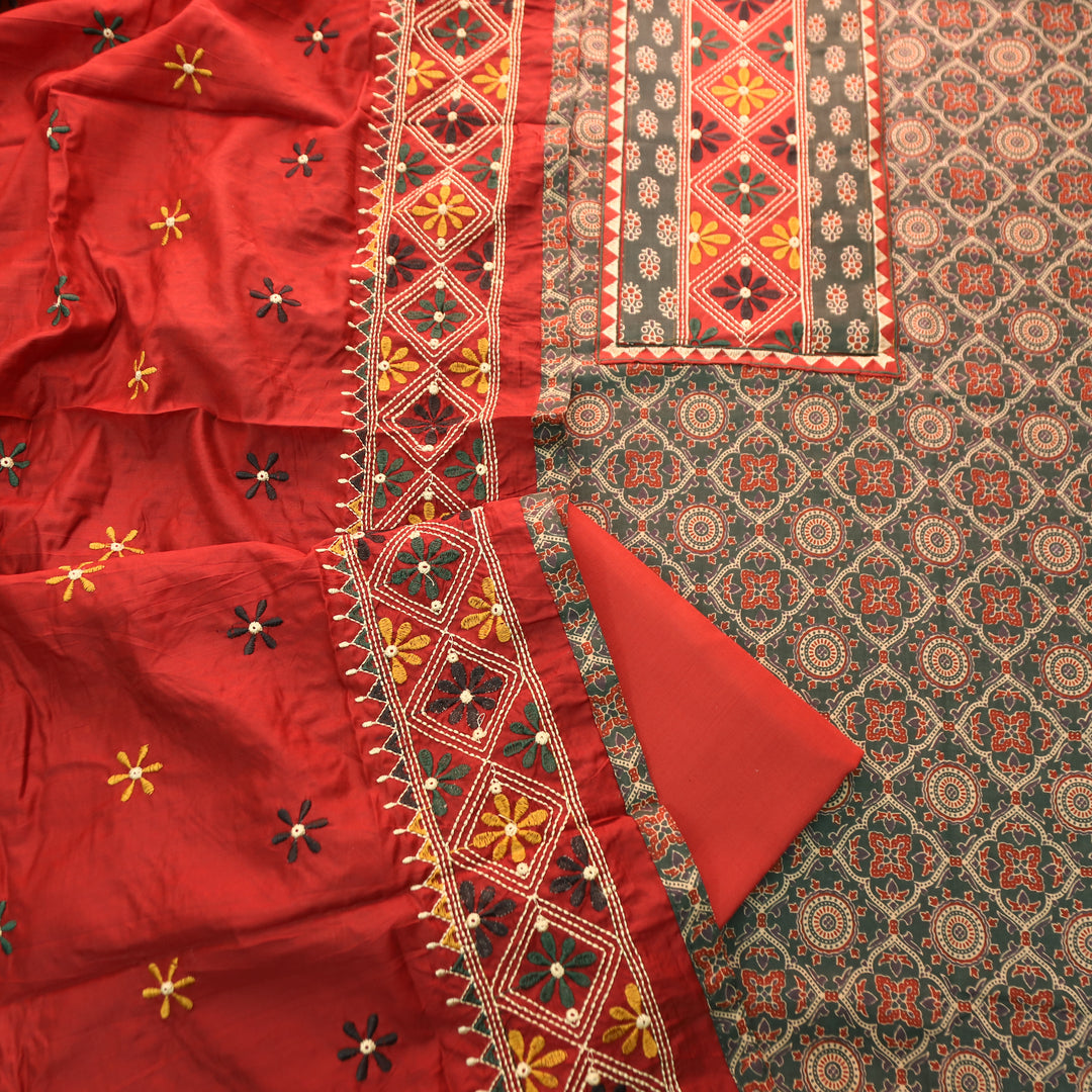 Nina Green Embroidered Neck Yoke with Ajrak Print Cotton Set