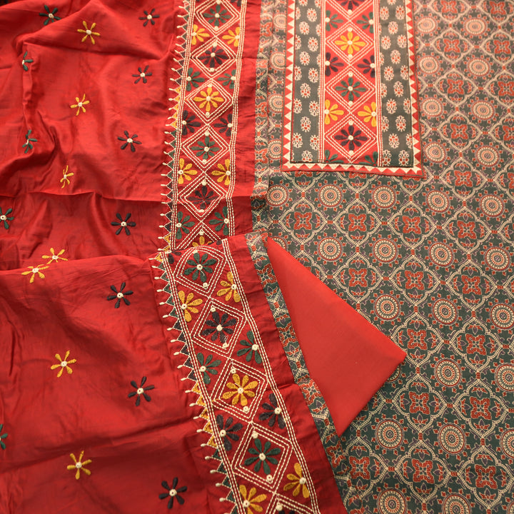 Nina Green Embroidered Neck Yoke with Ajrak Print Cotton Set