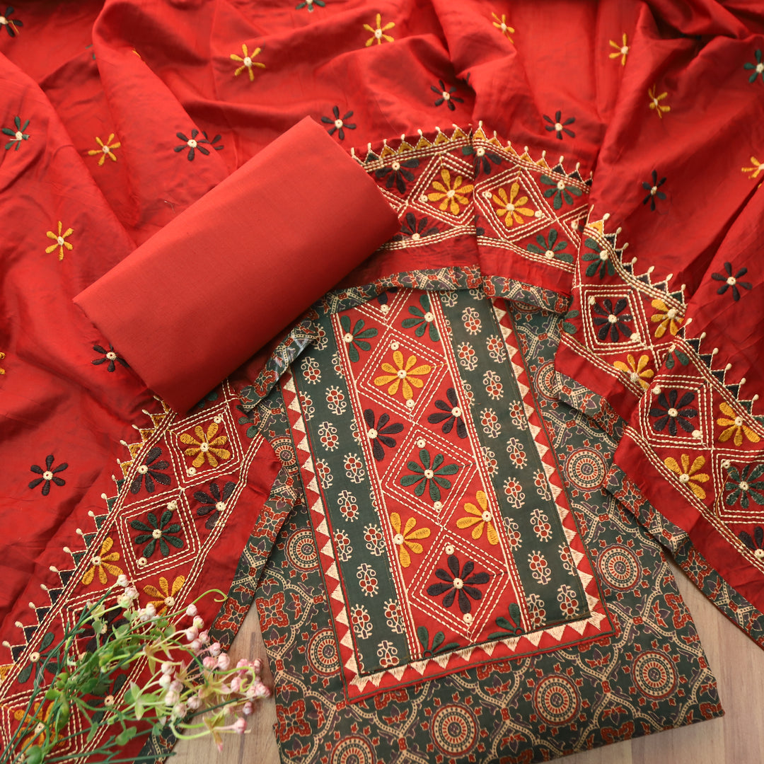 Nina Green Embroidered Neck Yoke with Ajrak Print Cotton Set