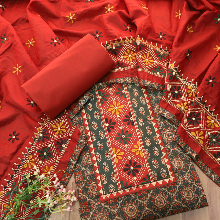 Nina Green Embroidered Neck Yoke with Ajrak Print Cotton Set