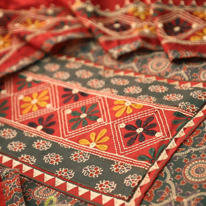 Nina Green Embroidered Neck Yoke with Ajrak Print Cotton Set