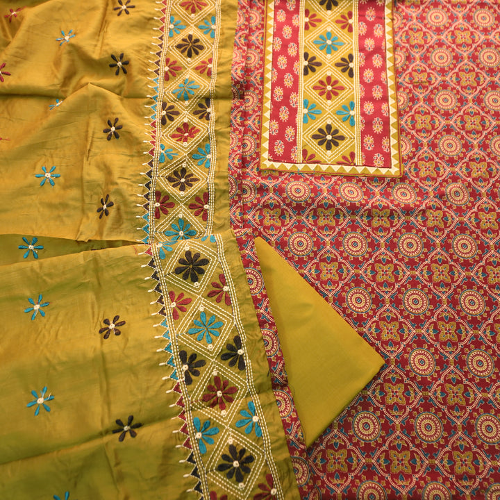 Nina Wine Embroidered Neck Yoke with Ajrak Print Cotton Set