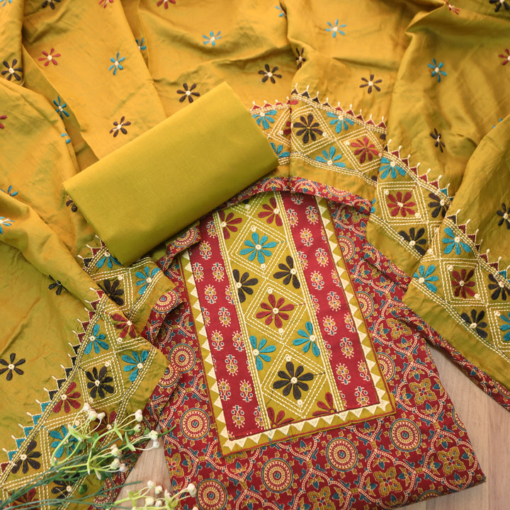 Nina Wine Embroidered Neck Yoke with Ajrak Print Cotton Set