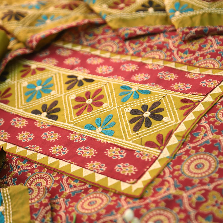 Nina Wine Embroidered Neck Yoke with Ajrak Print Cotton Set