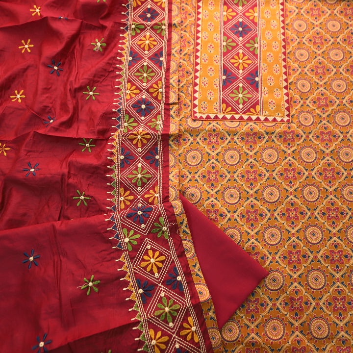 Nina Mustard Embroidered Neck Yoke with Ajrak Print Cotton Set