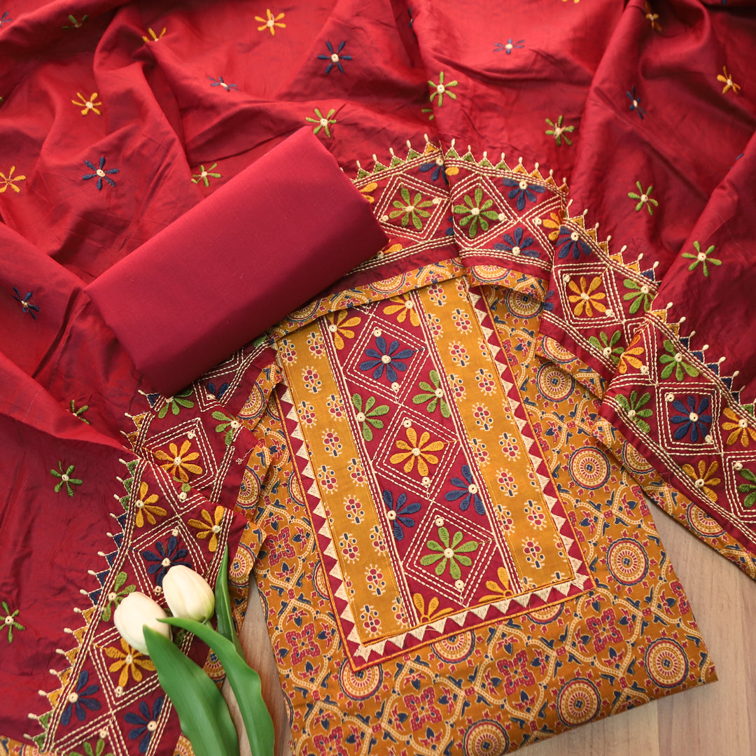 Nina Mustard Embroidered Neck Yoke with Ajrak Print Cotton Set