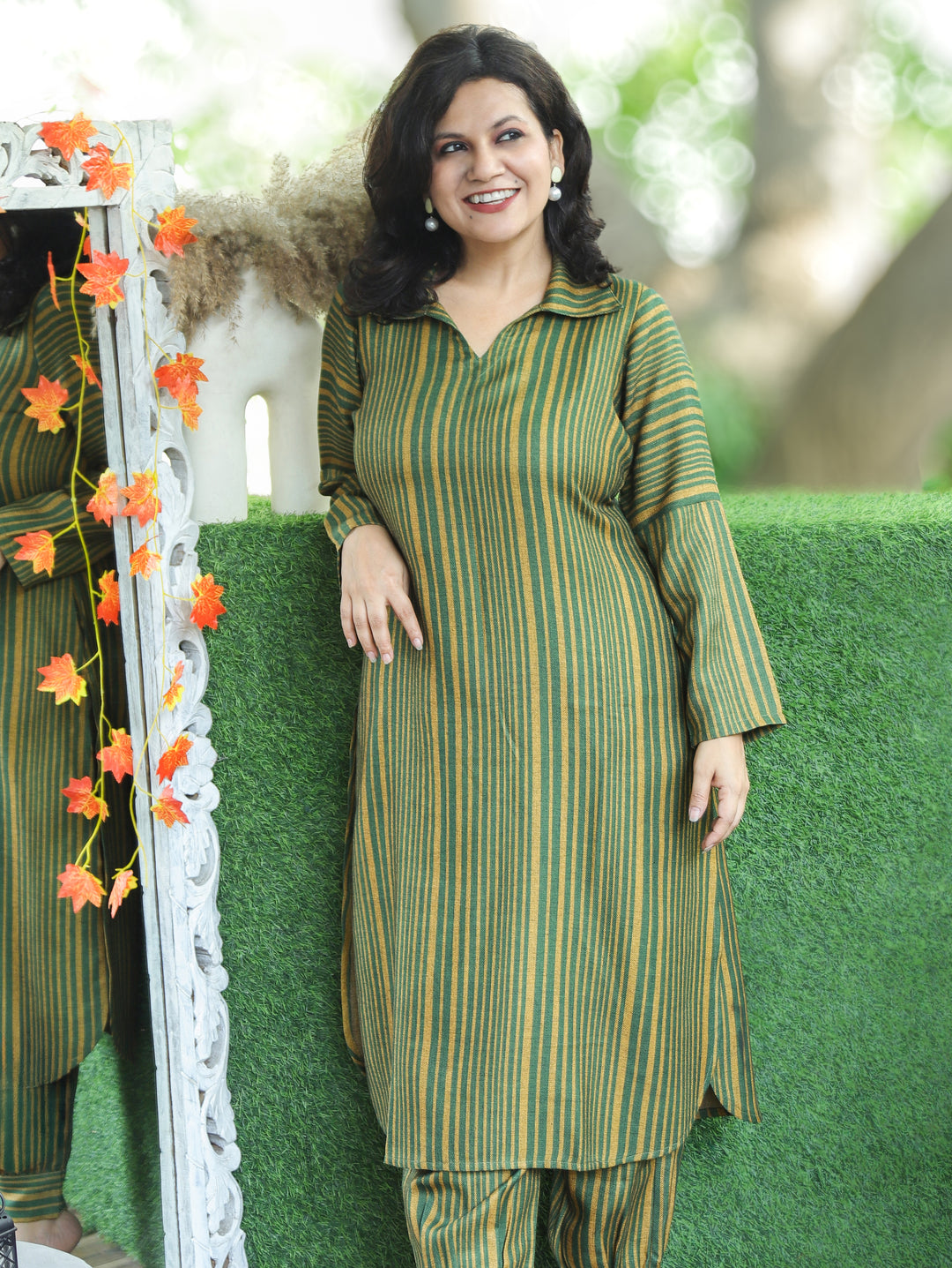 Chehak Army Green Stripe Print Winter Twill Co-ord Set