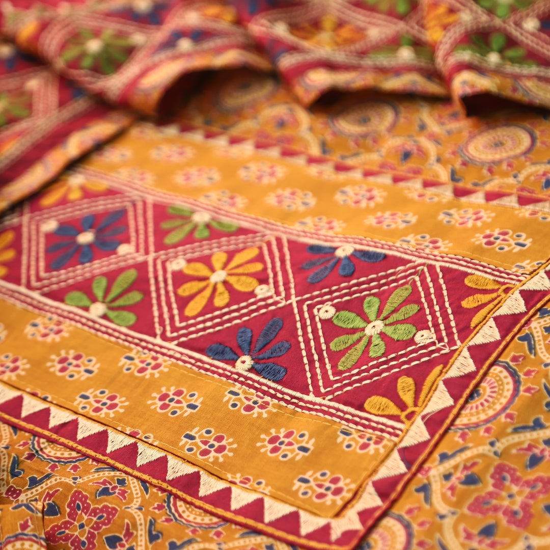 Nina Mustard Embroidered Neck Yoke with Ajrak Print Cotton Set