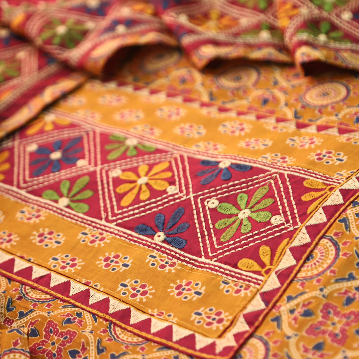 Nina Mustard Embroidered Neck Yoke with Ajrak Print Cotton Set