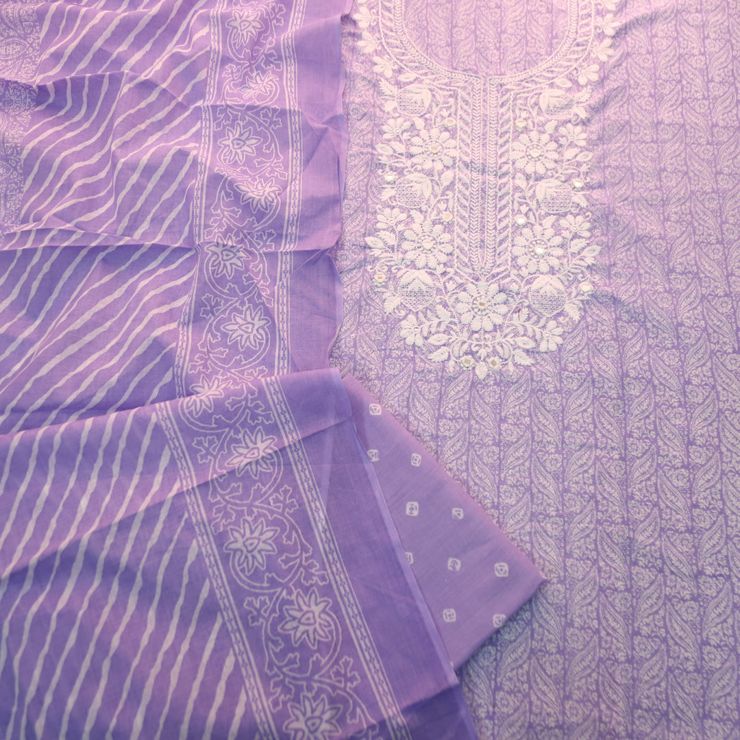 Stella Heliotrope Lilac Chikankari Inspired Neck Printed Cotton Set
