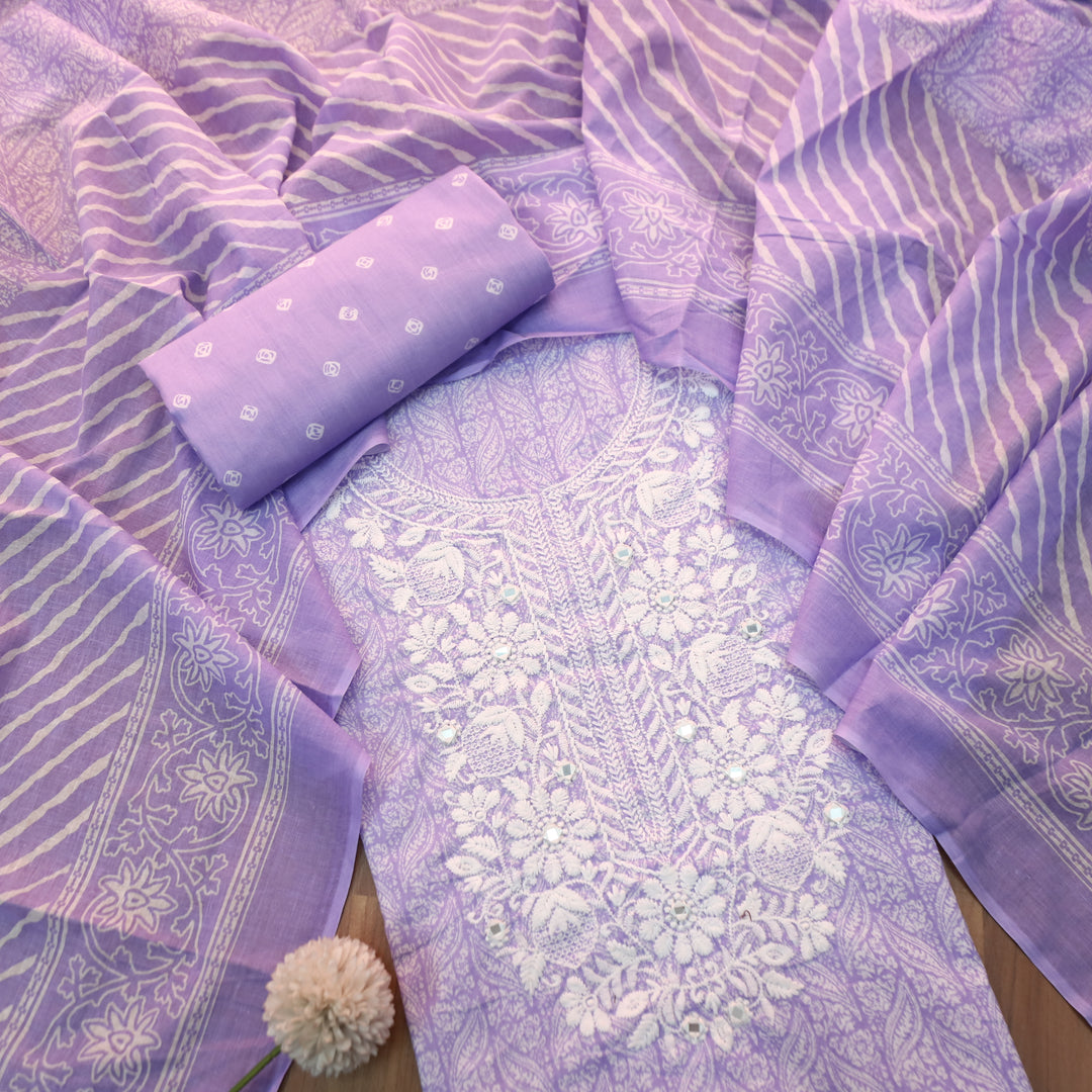 Stella Heliotrope Lilac Chikankari Inspired Neck Printed Cotton Set
