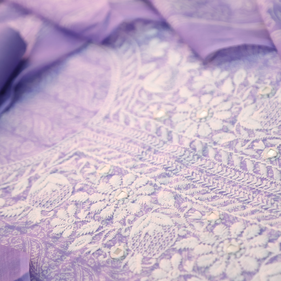 Stella Heliotrope Lilac Chikankari Inspired Neck Printed Cotton Set