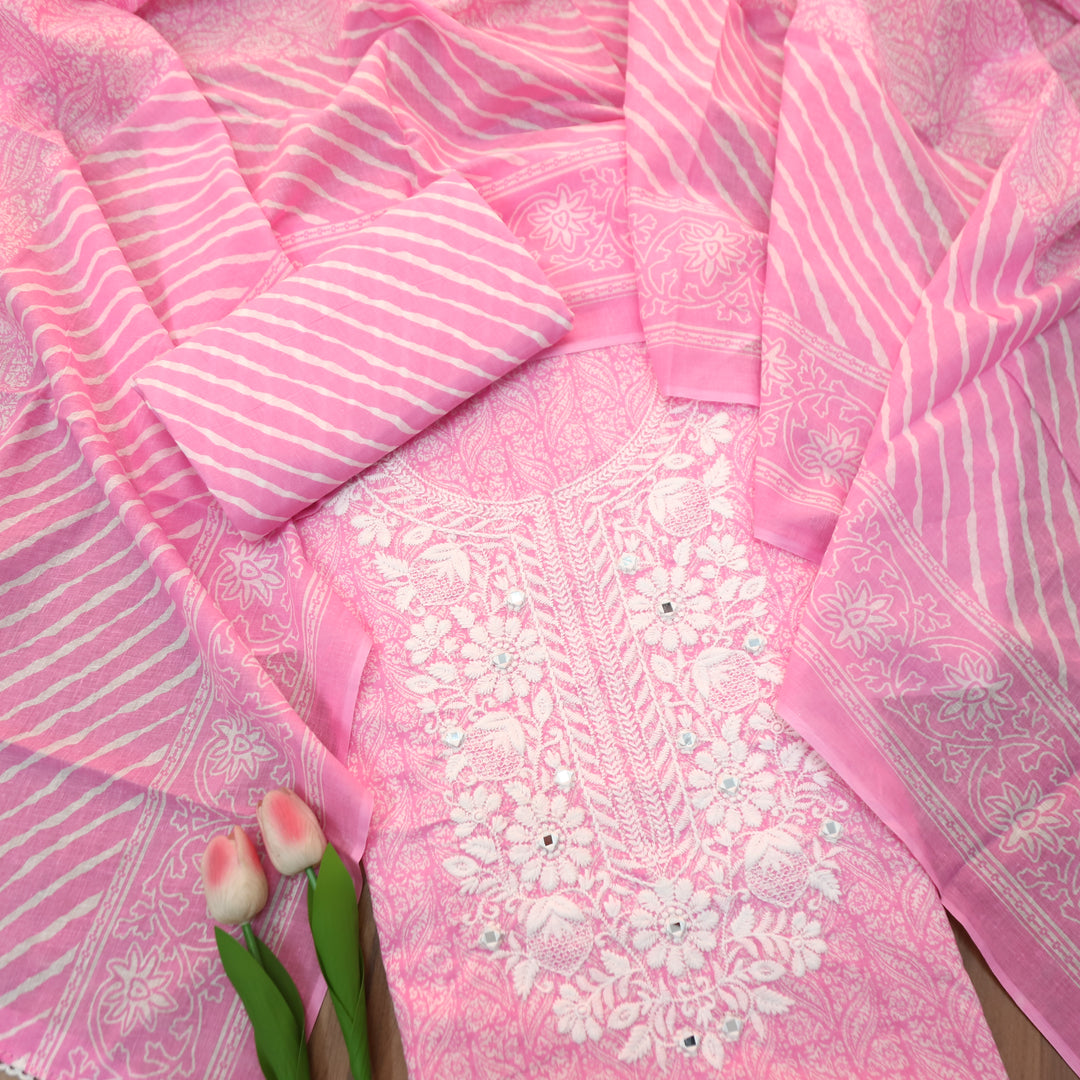 Stella Candy Pink Chikankari Inspired Neck Printed Cotton Set