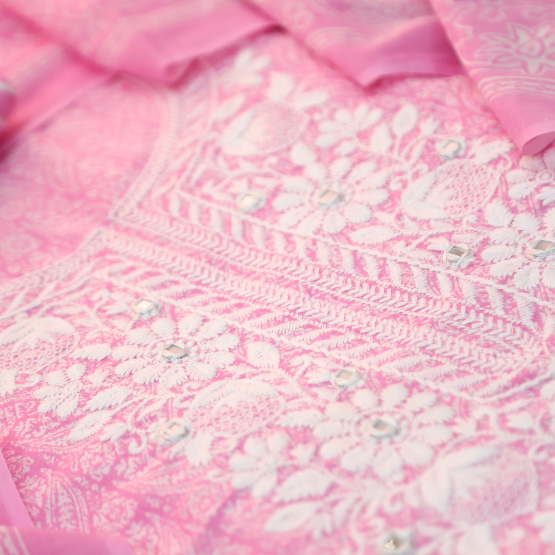 Stella Candy Pink Chikankari Inspired Neck Printed Cotton Set